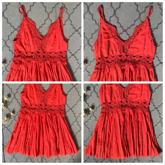 Free People Boho Sweet! Deep-V Crochet Lace Detail Raw Hem Mini Dress - Picture 8 of 14